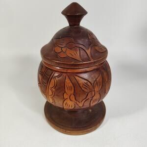 Vintage Carved Wooden Spice Tobacco Tea Urn‎ Jar Container With Lid